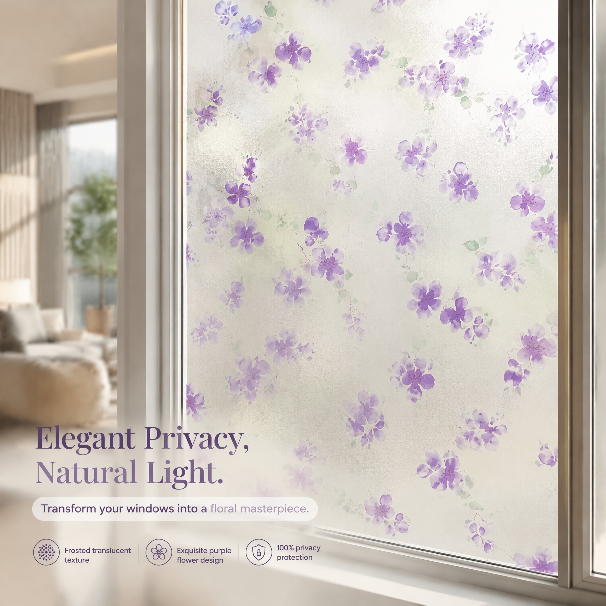 Privacy Screen Protector - Purple Floral Pattern Self-Adhesive Frosted Window